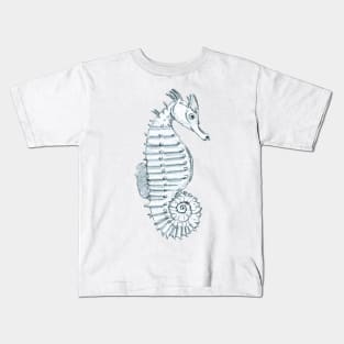 Pencil Sketch of a Seahorse on Natural Green Kids T-Shirt
